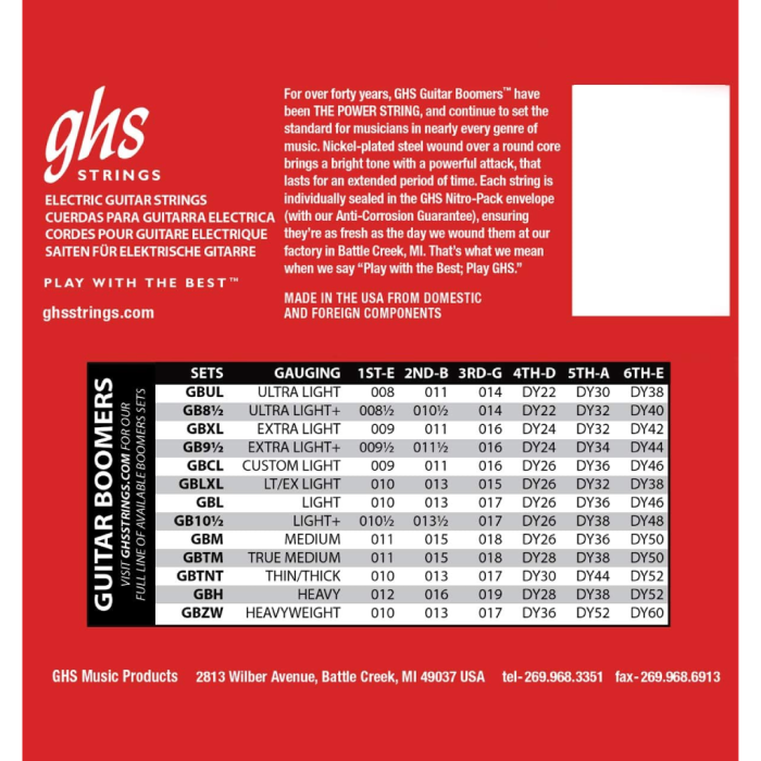 GHS GBXL Boomers Extra Light Electric Guitar Strings 9 42 Gauge