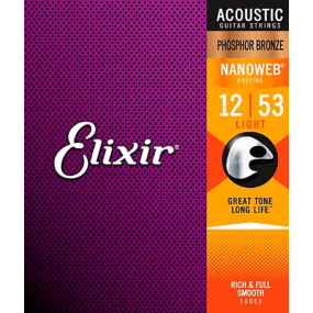 Elixir  16052 Nanoweb Phosphor Bronze Acoustic Guitar Strings Lite 12-53 Gauge