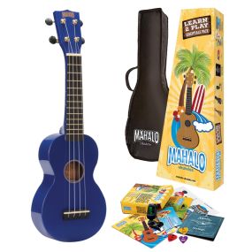 Mahalo Rainbow Series with Learn 2 Play Essentials Accessory Ukulele Pack in High Gloss Blue