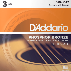 D'Addario EJ15 3D Phosphor Bronze 3 Sets Acoustic Guitar Strings Extra Light 10-47 Gauge