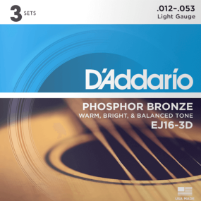 D'Addario EJ16 3D Phosphor Bronze 3 Sets Acoustic Guitar Strings Light 12-53 Gauge