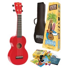 Mahalo Rainbow Series Ukulele with Learn 2 Play Essentials Accessory Pack - High Gloss Red