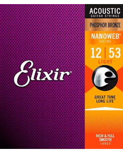 Elixir  16052 Nanoweb Phosphor Bronze Acoustic Guitar Strings Lite 12-53 Gauge