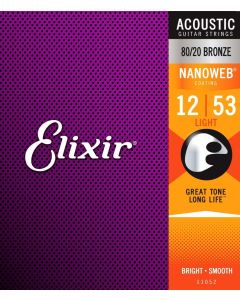 Elixir 11052 Nanoweb 80/20 Acoustic Guitar Strings Light 12-53 Gauge