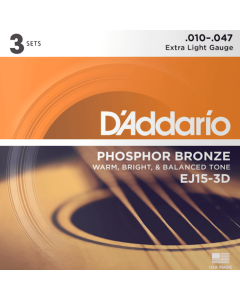 D'Addario EJ15 3D Phosphor Bronze 3 Sets Acoustic Guitar Strings Extra Light 10-47 Gauge
