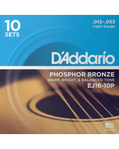 D'Addario EJ16 10P Phosphor Bronze 10 Sets Acoustic Guitar Strings Light 12-53 Gauge