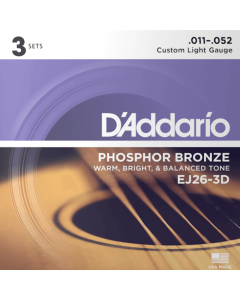 D'Addario EJ26 3D Phosphor Bronze 3 Sets Acoustic Guitar Strings Custom Light 11-52 Gauge