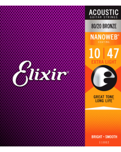 Elixir 11002 Nanoweb 80/20 Acoustic Guitar Strings Extra Light 10-47 Gauge