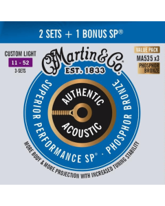 Martin Authentic Acoustic SP Phosphor Bronze Guitar Strings Value Pack 3 Sets 11-52 Gauge
